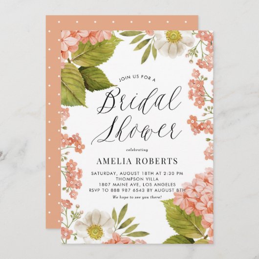 オレンジウォーターカラーアジサイフローラブライダルシャワー 招待状 (正面/裏面)