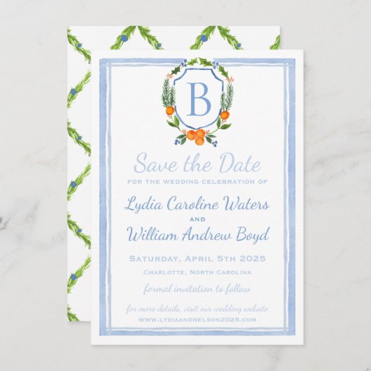 オレンジウォーターカラークレスト、チャイナペイントのウェディング セーブザデート (正面/裏面)