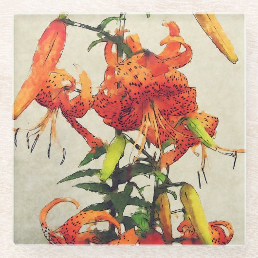 オレンジウォーターカラータイガーリリー1 ガラスコースター (正面)