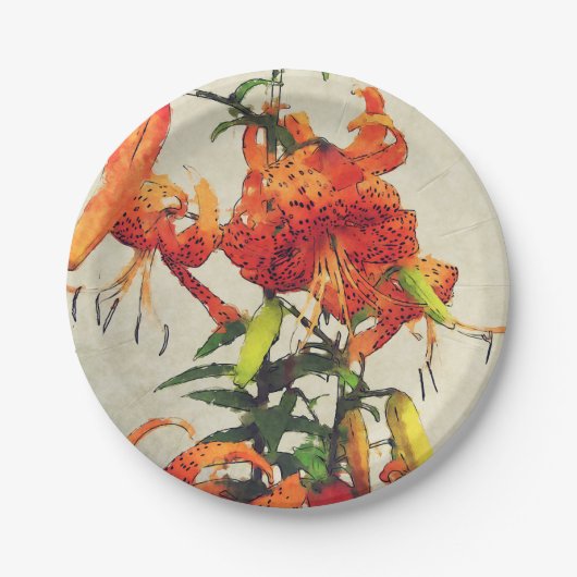 オレンジウォーターカラータイガーリリー1 ペーパープレート (正面)