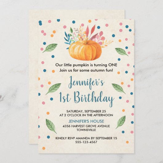 オレンジウォーターカラーパンプキン誕生日 招待状 (正面/裏面)