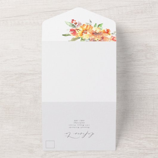 オレンジウォーターカラーフラワーズ秋の結婚式 オールインワン招待状 (外側)