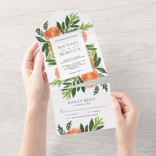 オレンジウォーターカラーフローラガーデングリ結婚ーナリーズ オールインワン招待状 (貼ってはがせる)