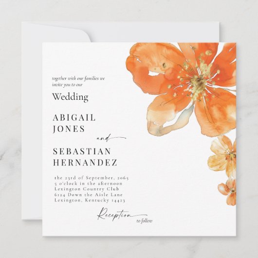 オレンジウォーターカラーフローラスクエア結婚式招待状 招待状 (正面)