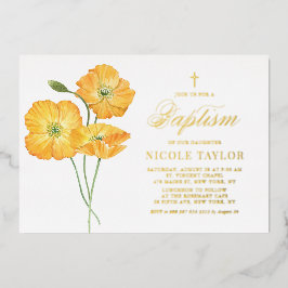 オレンジウォーターカラーポピーフローラサマーバプテスマ 箔招待状