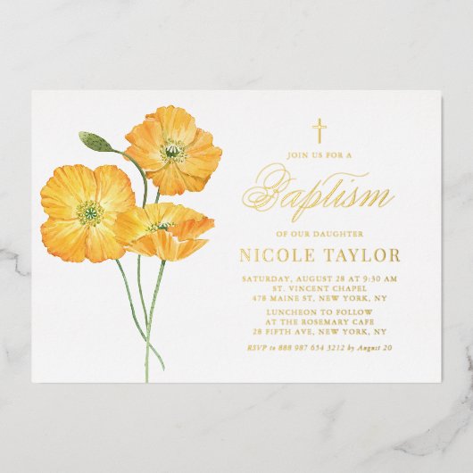 オレンジウォーターカラーポピーフローラサマーバプテスマ 箔招待状 (正面)