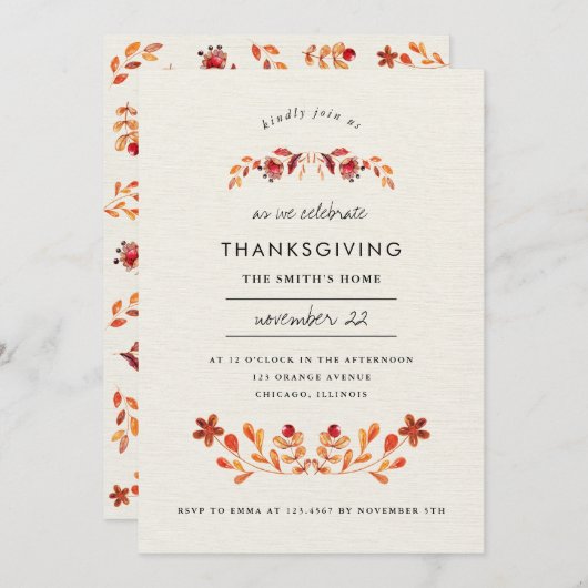 オレンジウォーター色フローラ感謝祭パーティー 招待状 (正面/裏面)