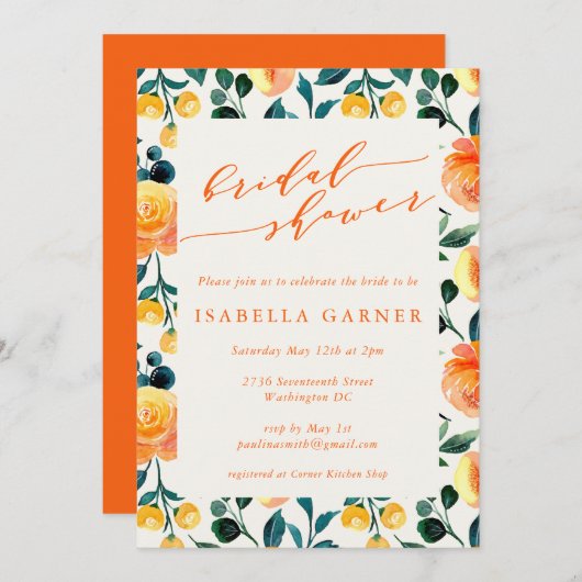 オレンジウォー素朴タカラーボタニカルブライダルシャワー 招待状 (正面/裏面)