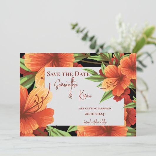 オレンジエレガントかわいらし色のフローラ結婚式の日付を保存 (スタンド正面)