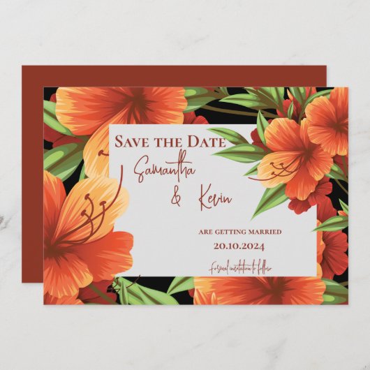 オレンジエレガントかわいらし色のフローラ結婚式の日付を保存 (正面/裏面)