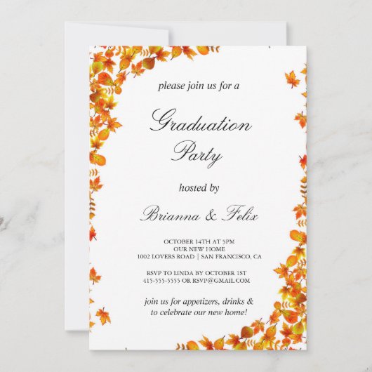 オレンジエレガントとイエローのフローラ卒業パーティー 招待状 (正面)