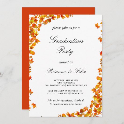 オレンジエレガントとイエローのフローラ卒業パーティー 招待状 (正面/裏面)