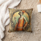 オレンジエレガントのドレスを着たフラッパーアールデコ クッション (ブランケット)