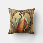 オレンジエレガントのドレスを着たフラッパーアールデコ クッション (裏面)