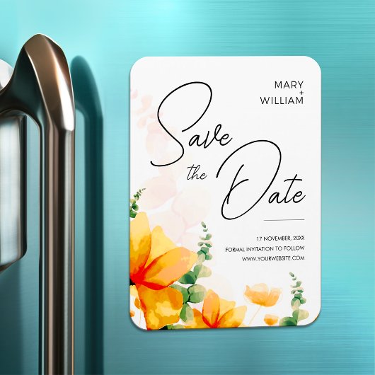 オレンジエレガントの結婚式は日付を保存 マグネット