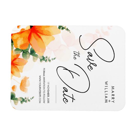 オレンジエレガントの結婚式は日付を保存 マグネット (横)