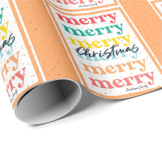 オレンジエレガントカラフル色の金ゴールドスターズメリークリスマス ラッピングペーパー (ロールコーナー)