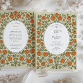 オレンジエレガントバラとグリーンハート結婚ズ 招待状