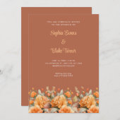 オレンジエレガントバラガーデンブラウン結婚ズ 招待状 (正面/裏面)