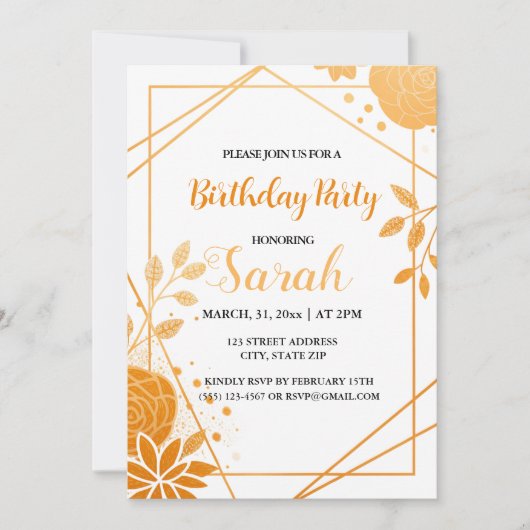 オレンジエレガントフローラと幾何学的金ゴールド誕生日 招待状 (正面)