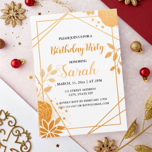 オレンジエレガントフローラと幾何学的金ゴールド誕生日 招待状
