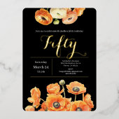 オレンジエレガントフローラブラック50thバースデーパーティー 箔招待状 (正面)