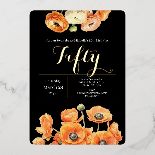 オレンジエレガントフローラブラック50thバースデーパーティー 箔招待状 (正面)