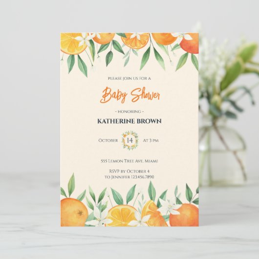 オレンジエレガント柑橘系植物性ベビーシャワー 招待状 (スタンド正面)
