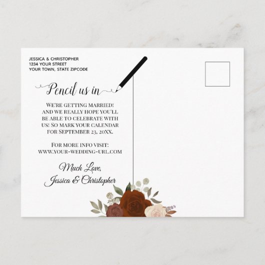 オレンジエレガント色のバラ&フォトウェディング日付を保存 案内ポストカード (裏面)