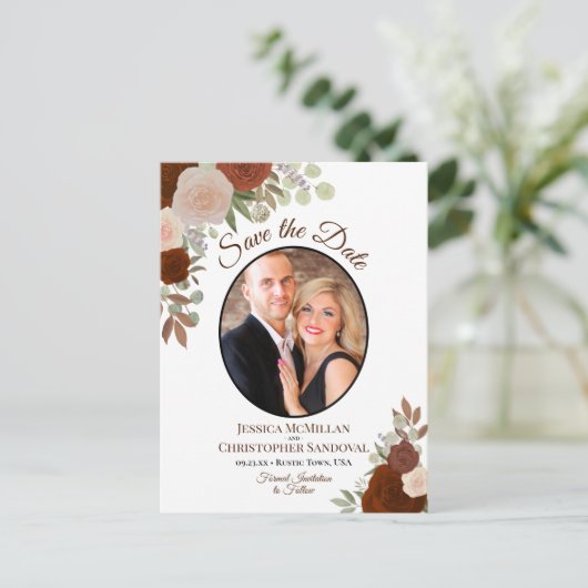 オレンジエレガント色のバラ&フォトウェディング日付を保存 案内ポストカード (スタンド正面)