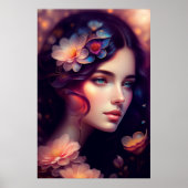 オレンジエレガント色のピンクの青い花を持つ女性 ポスター (正面)