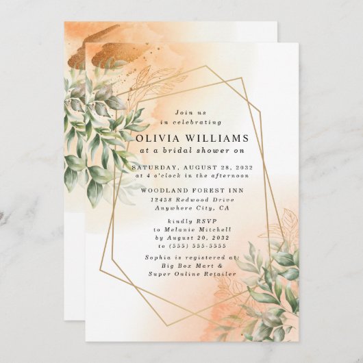 オレンジエレガント色のロマンチックなユ葉ーカリラスティック 招待状 (正面/裏面)