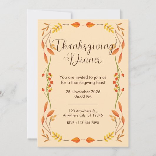 オレンジエレガント色の感謝祭ディナー 招待状 (正面)