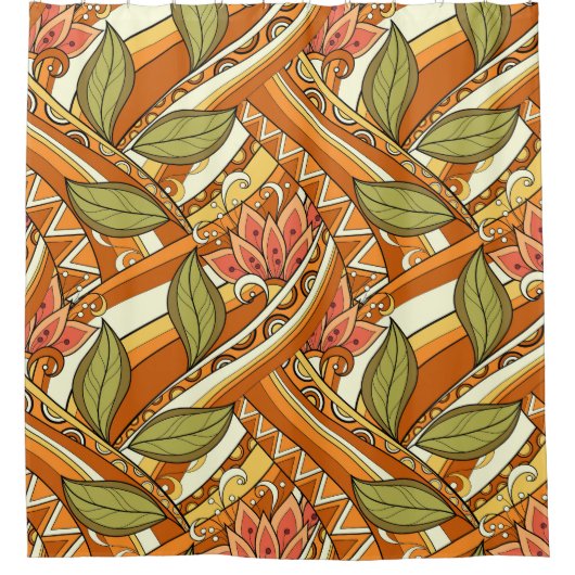 オレンジエレガント色の白い花と渦巻き シャワーカーテン (正面)