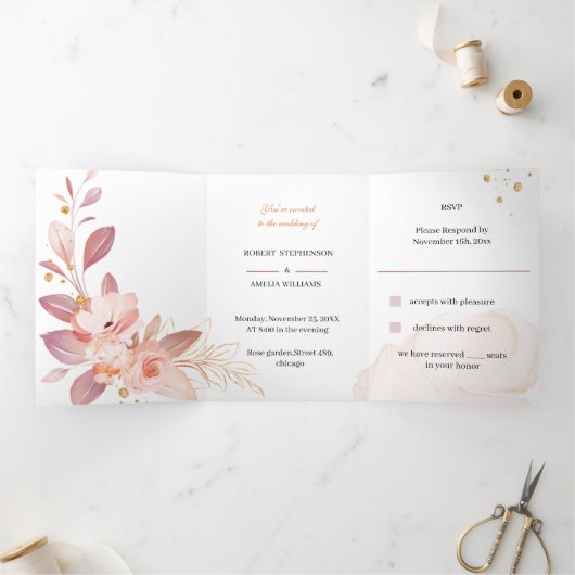 オレンジエレガント色の花のカスタムウェディング 三つ折り招待状 (内部)