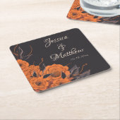 オレンジエレガント色の花シッ結婚ク日付 スクエアペーパーコースター (アングル)