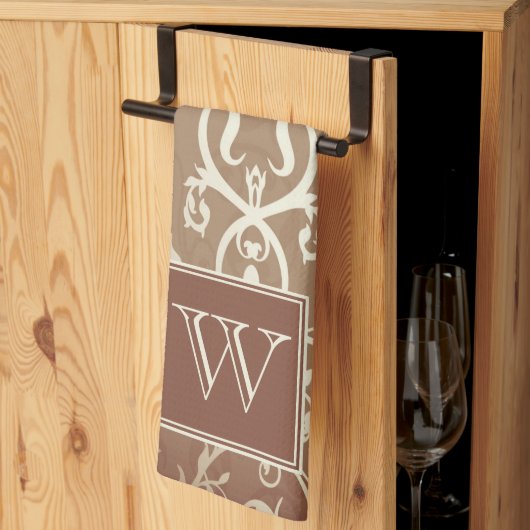 オレンジエレガント色の花柄のモノグラムタオル キッチンタオル (三つ折り)