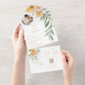 オレンジエレガント色イエローフォトウォーターカラーフローラル オールインワン招待状 (貼ってはがせる)