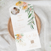 オレンジエレガント色イエローフォトウォーターカラーフローラル オールインワン招待状