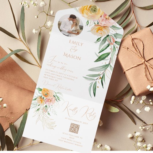 オレンジエレガント色イエローフォトウォーターカラーフローラル オールインワン招待状