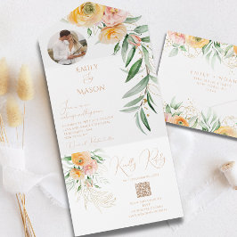 オレンジエレガント色イエローフォトウォーターカラーフローラル オールインワン招待状