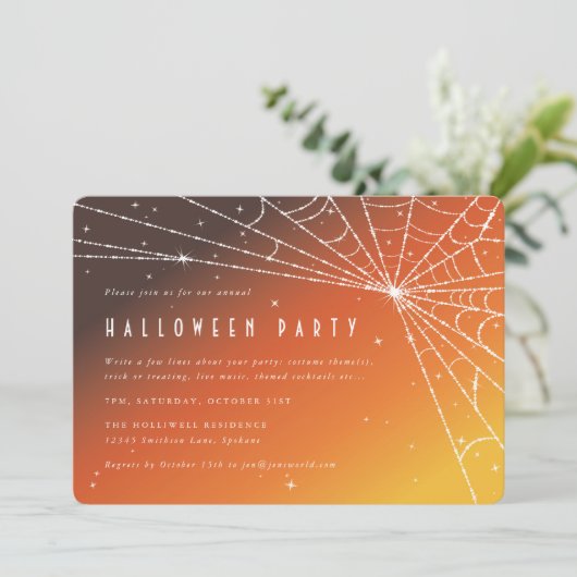 オレンジエレガント色サンセットスパイダーウェブハローウィンパーティ 招待状 (スタンド正面)