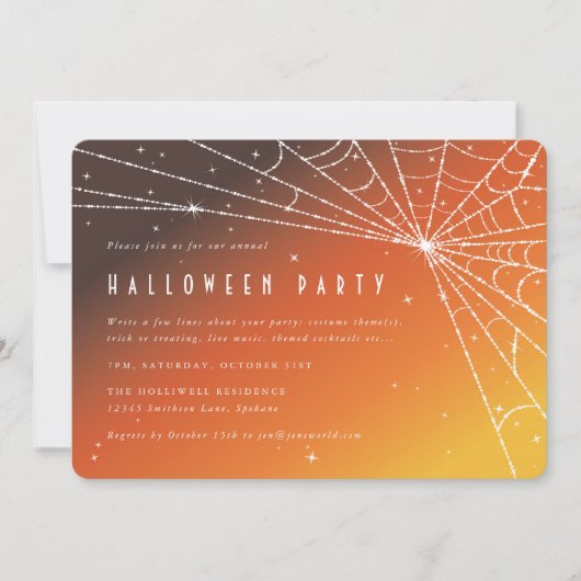 オレンジエレガント色サンセットスパイダーウェブハローウィンパーティ 招待状 (正面)