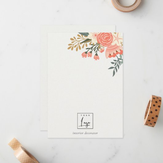 オレンジエレガント赤面グリーンアンブロシアフローラロゴ ノートカード (正面/裏面インサイチュ)