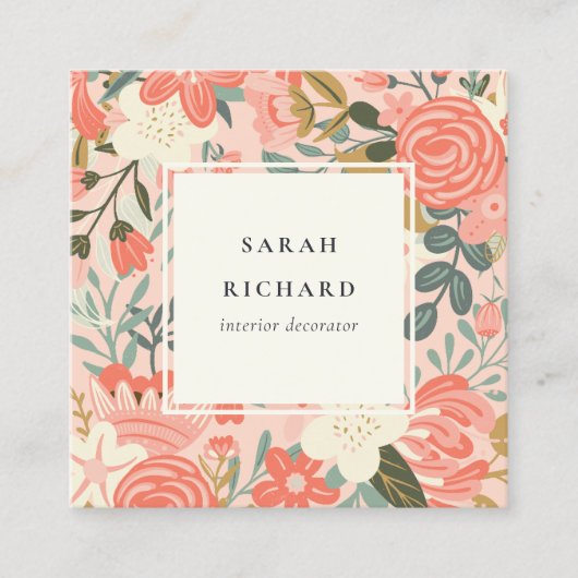 オレンジエレガント赤面ピンクグリーンアンブロシアフローラ スクエア名刺 (正面)