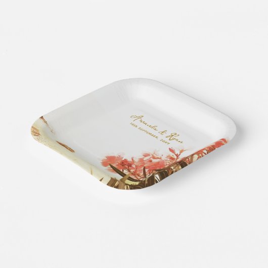 オレンジオレアンダーフラワーズビーチ結婚式 ペーパープレート (傾斜あり)