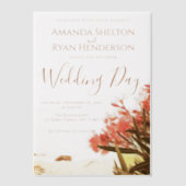 オレンジオレアンダー花オンビーチ結婚式 ベラム紙招待状 (正面)