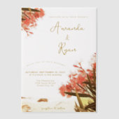オレンジオレアンダー花オンビーチ結婚式 ベラム紙招待状 (正面)