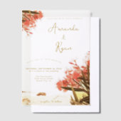 オレンジオレアンダー花オンビーチ結婚式 ベラム紙招待状 (オフセット)