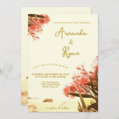 オレンジオレアンダー花オンビーチ結婚式 招待状 (正面/裏面)